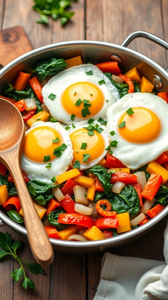 A colorful egg and vegetable skillet with bell peppers, spinach, and onions, topped with eggs, on a rustic table.
